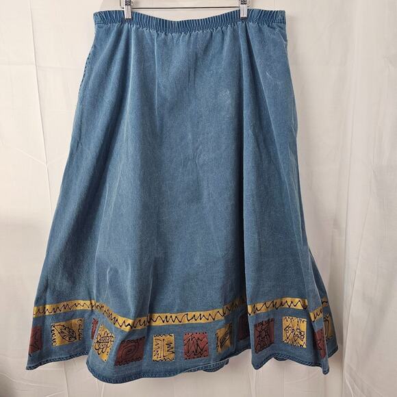 Vintage Denim Outfit 2 Piece Set Large Long Shirt Skirt Jean Blue Fall Leaf Puff - Picture 3 of 16